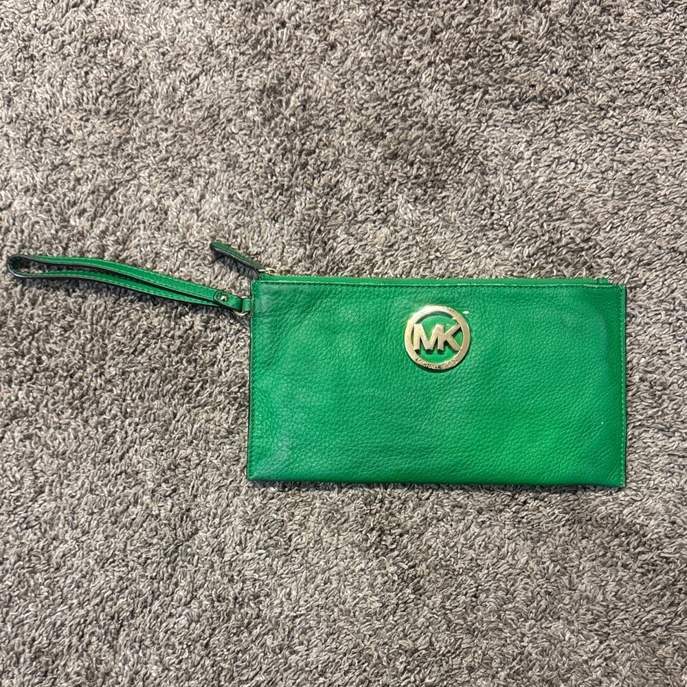 Michael Kors Emerald Green Wristlet with Gold Logo